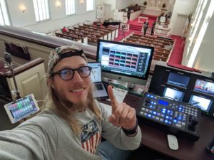 worship soundboard in sanctuary with bryce